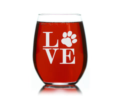 C M Paw Print Love stemless wine glass close up