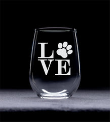 Dog and Cat themed paw print love stemless wine glass