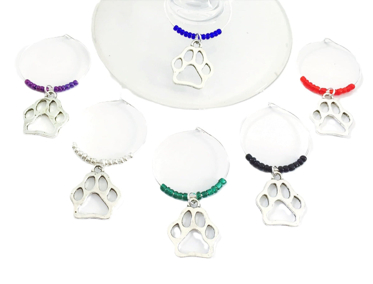 Paw Print Wine Charms set of 6 with cat paw and dog paw designs in solid multi color beads