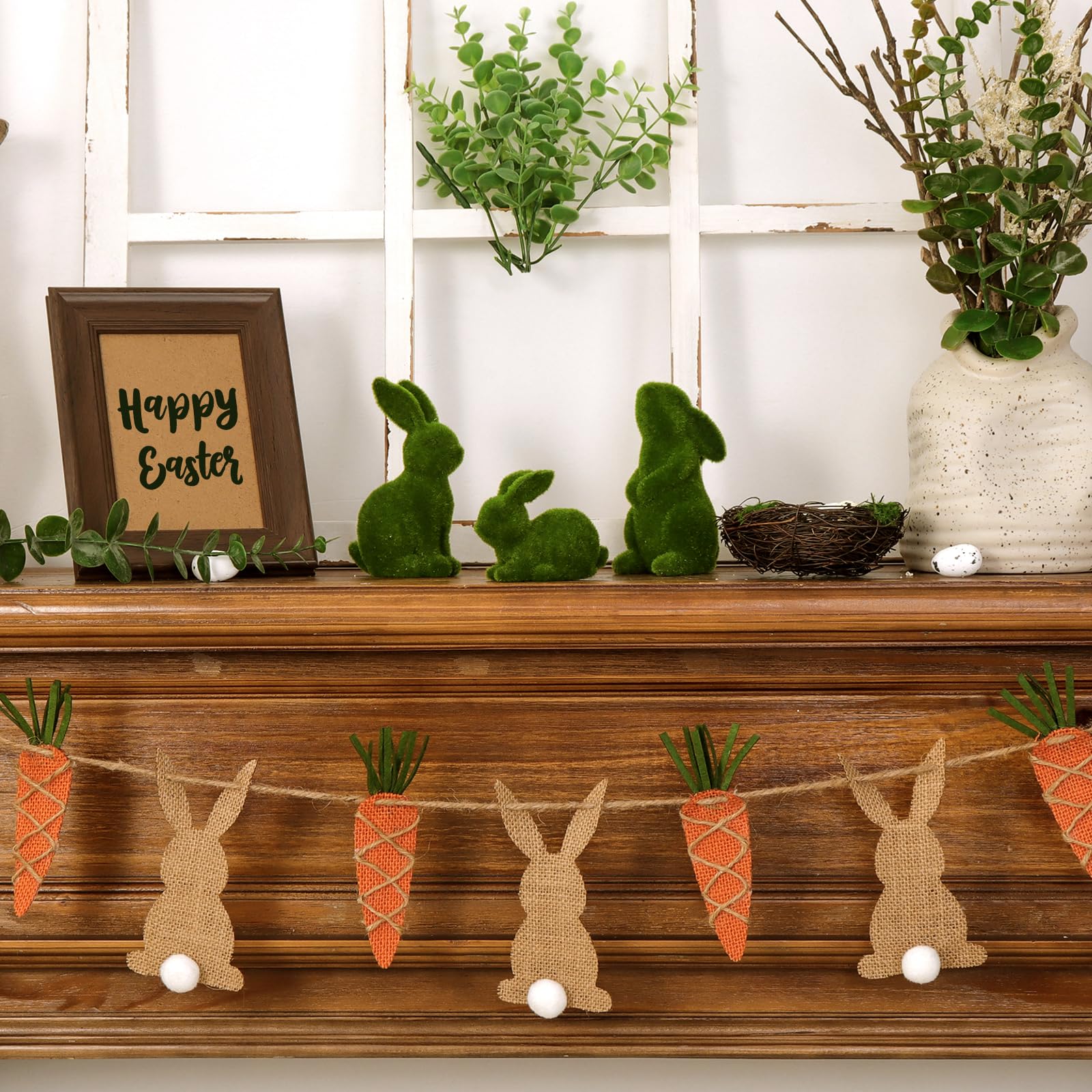 Green moss flocking Easter rabbits decor by Pawliss for spring mantel