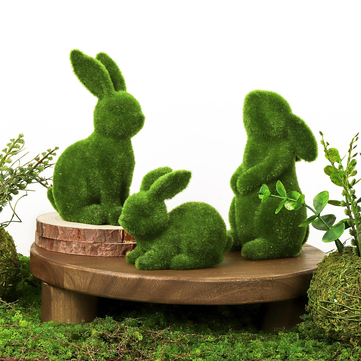 Pawliss Bunny Decor moss flocked resin rabbit figurines set of 3 green display
