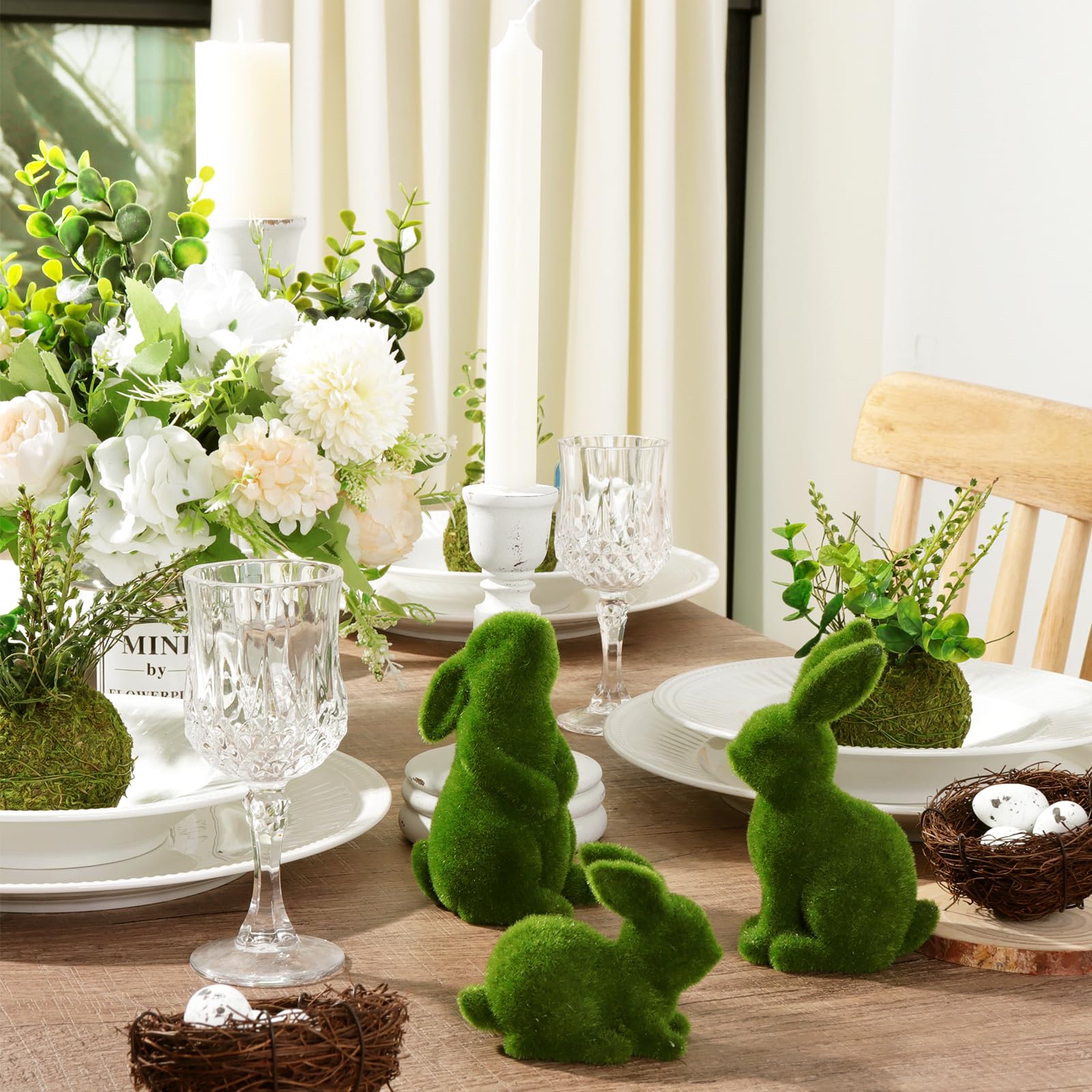 Three piece moss flocked bunny figurine set for gifts and seasonal decor