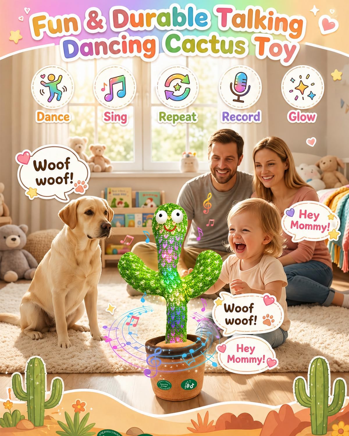 Cactus toy dancing motion with glowing lights and music