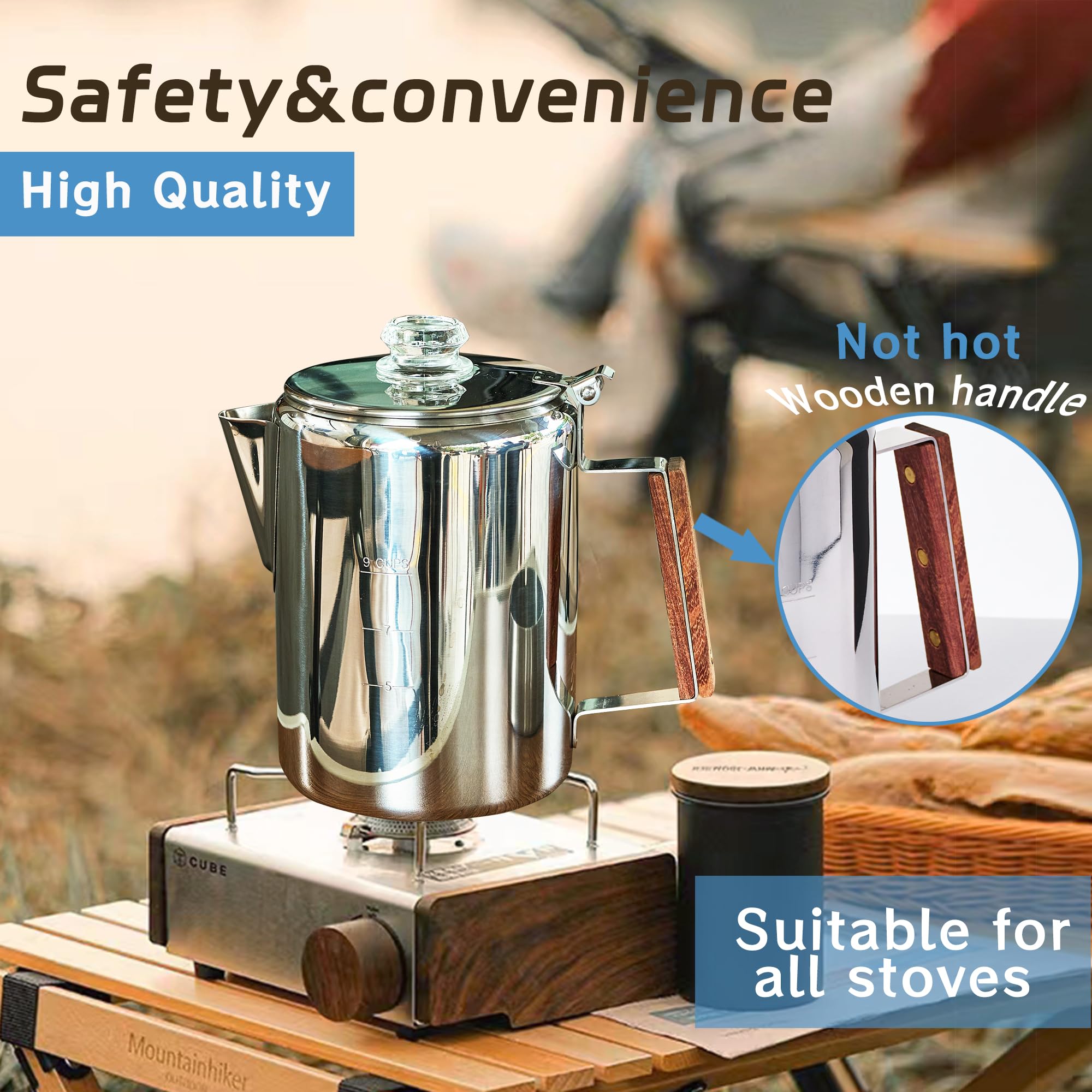 Ergonomic handle on Camping Coffee Percolator