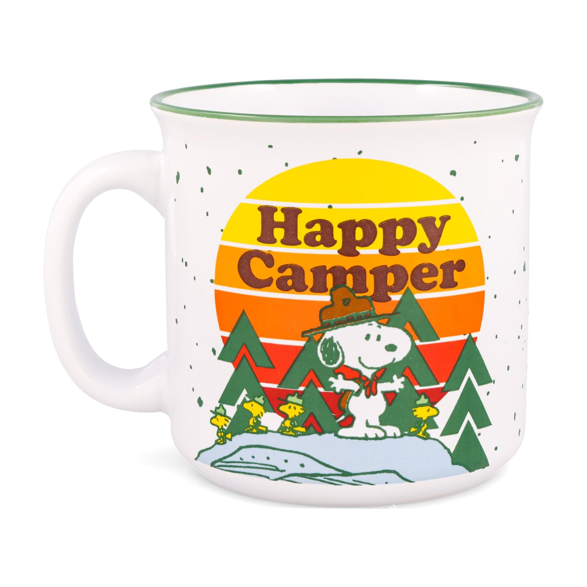 Peanuts Snoopy Woodstock camping scene on a 20-ounce mug