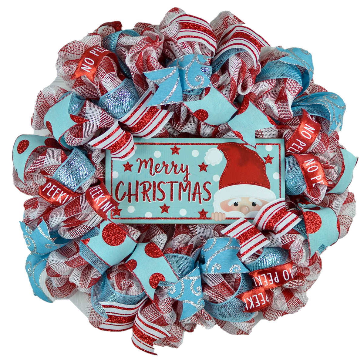 Peeking Santa Claus Wreath with red white turquoise mesh for indoor or outdoor display