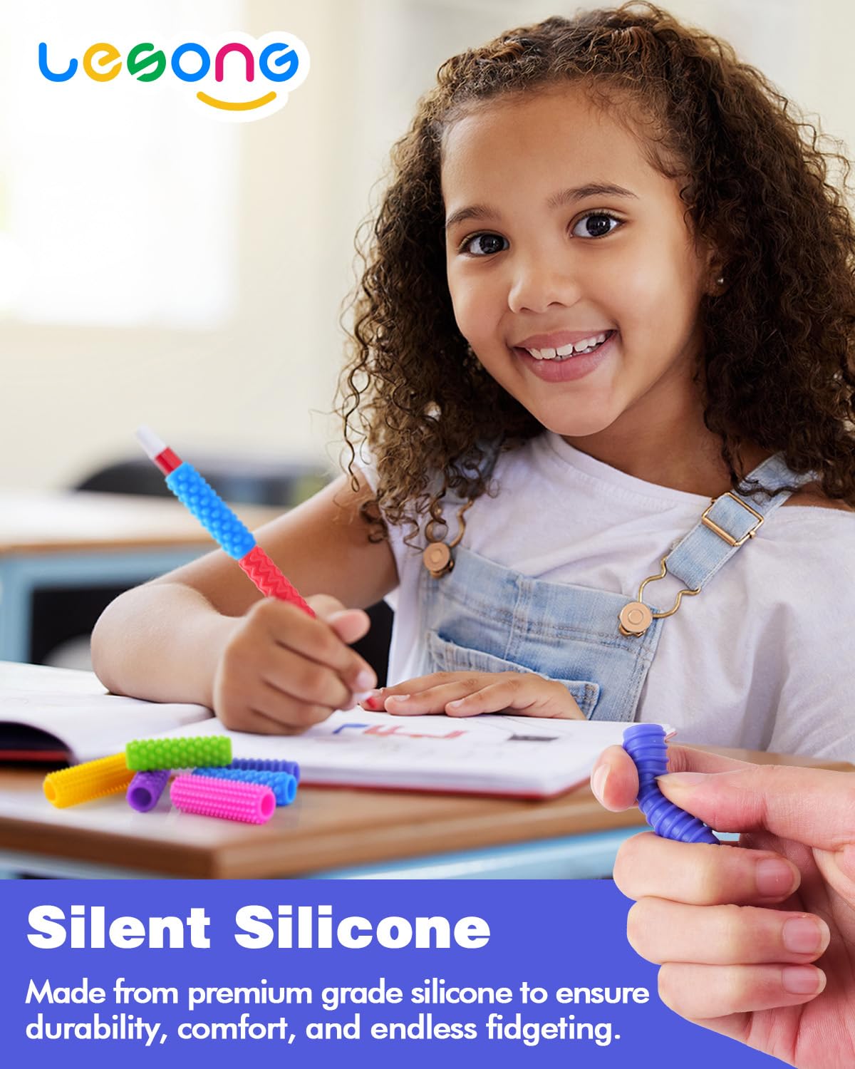 Pencil grips designed to fit standard pencils for classroom use