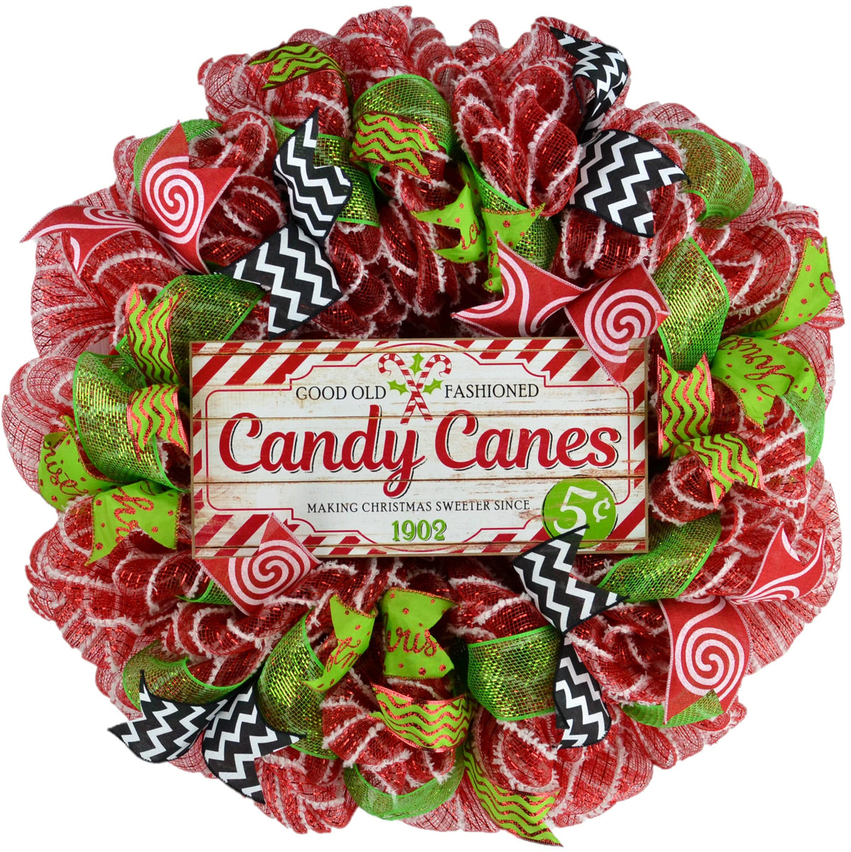 Peppermint Christmas Wreath 24 inch red white mesh front door