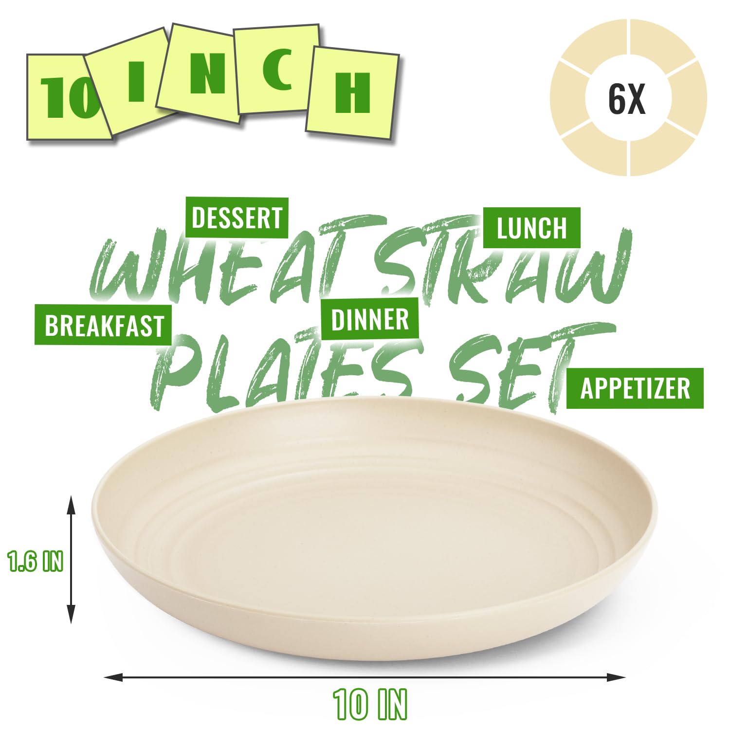 Beige 10 inch wheat straw plates 6 pack By Perlapoc