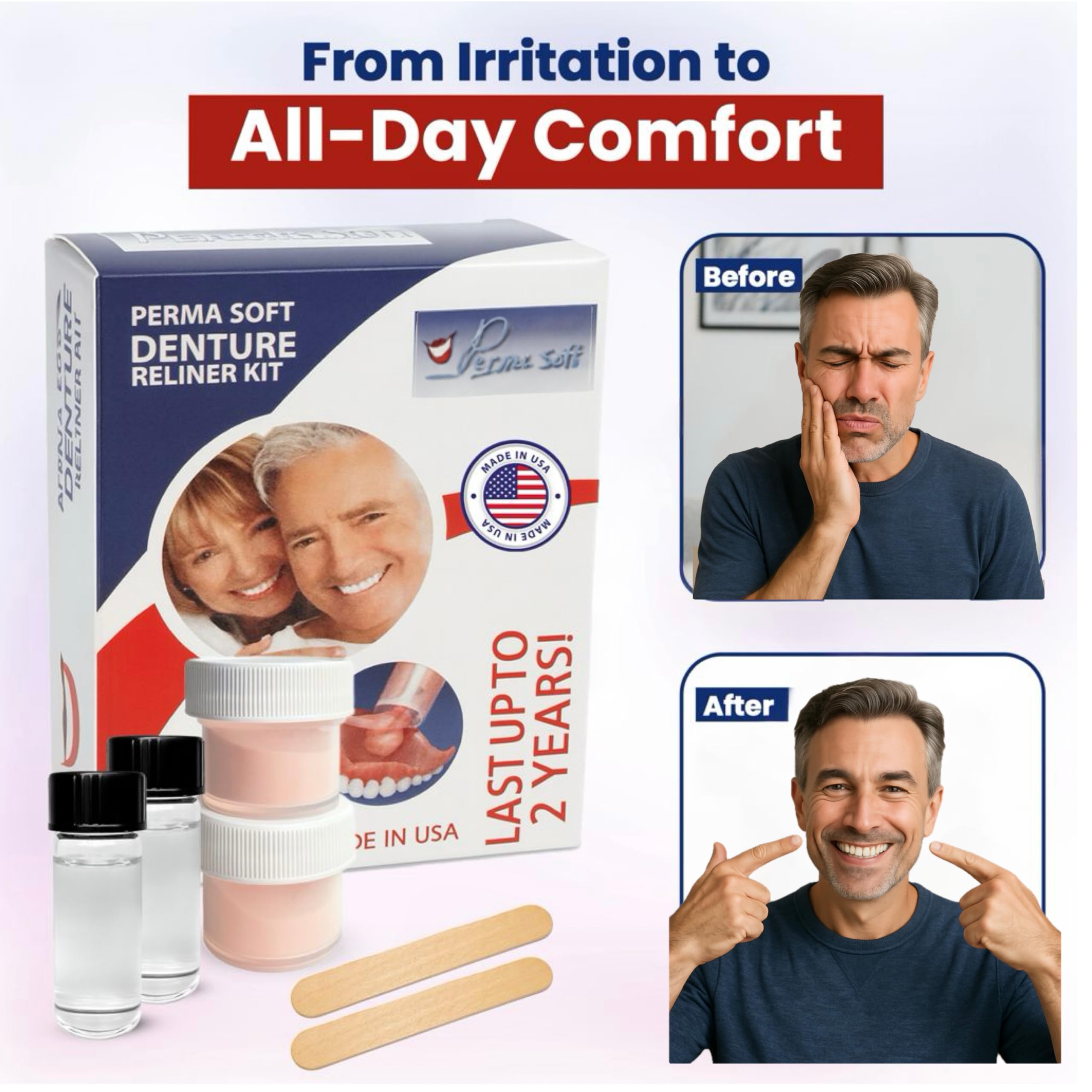Perma Soft denture reliner kit image showing upper dentures