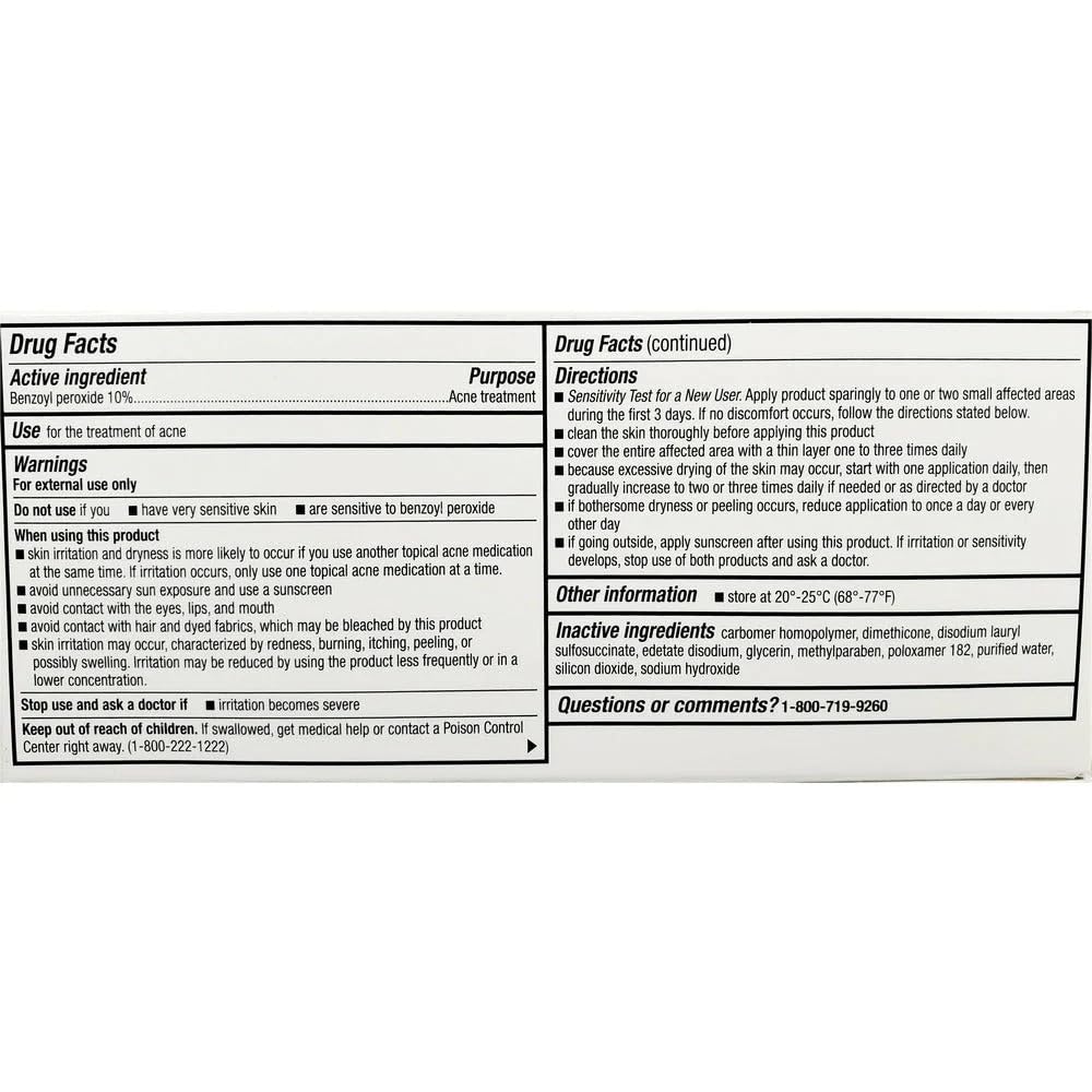 Perrigo 10% Benzoyl Peroxide Acne Treatment Gel product label