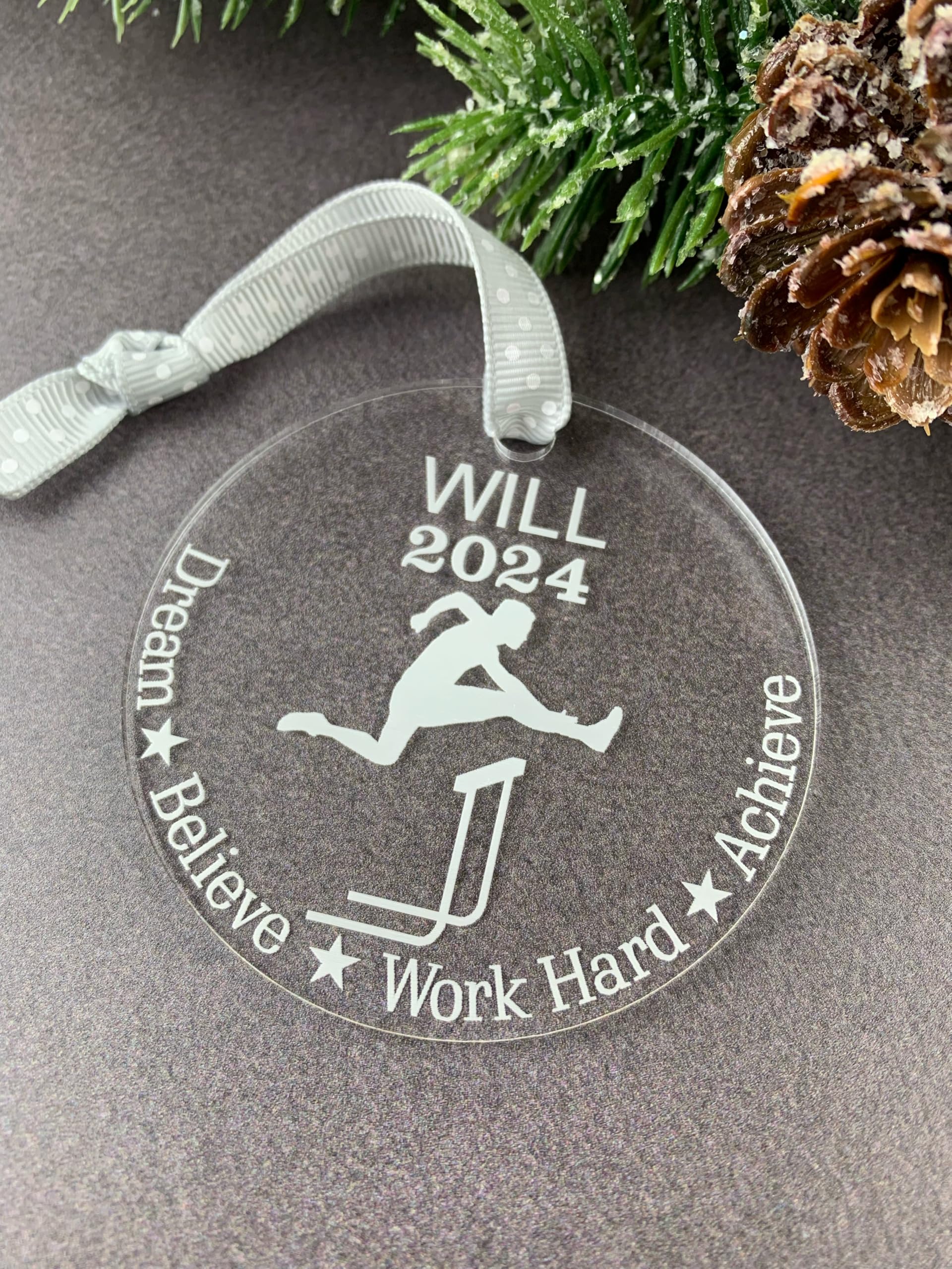 boys hurdlers ornament 3x3 clear acrylic