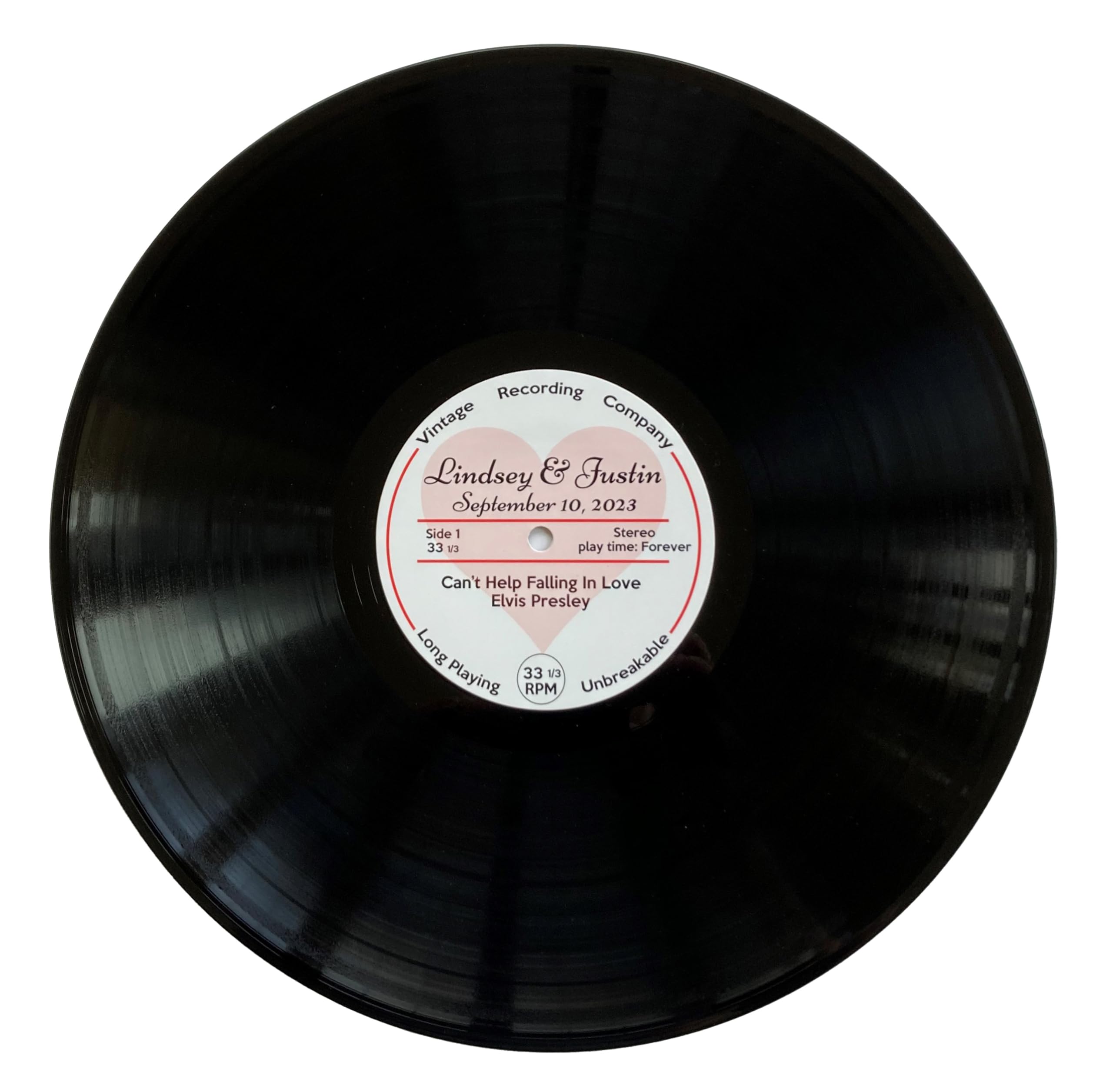 Personalized center label on 12-inch vinyl record for wedding display