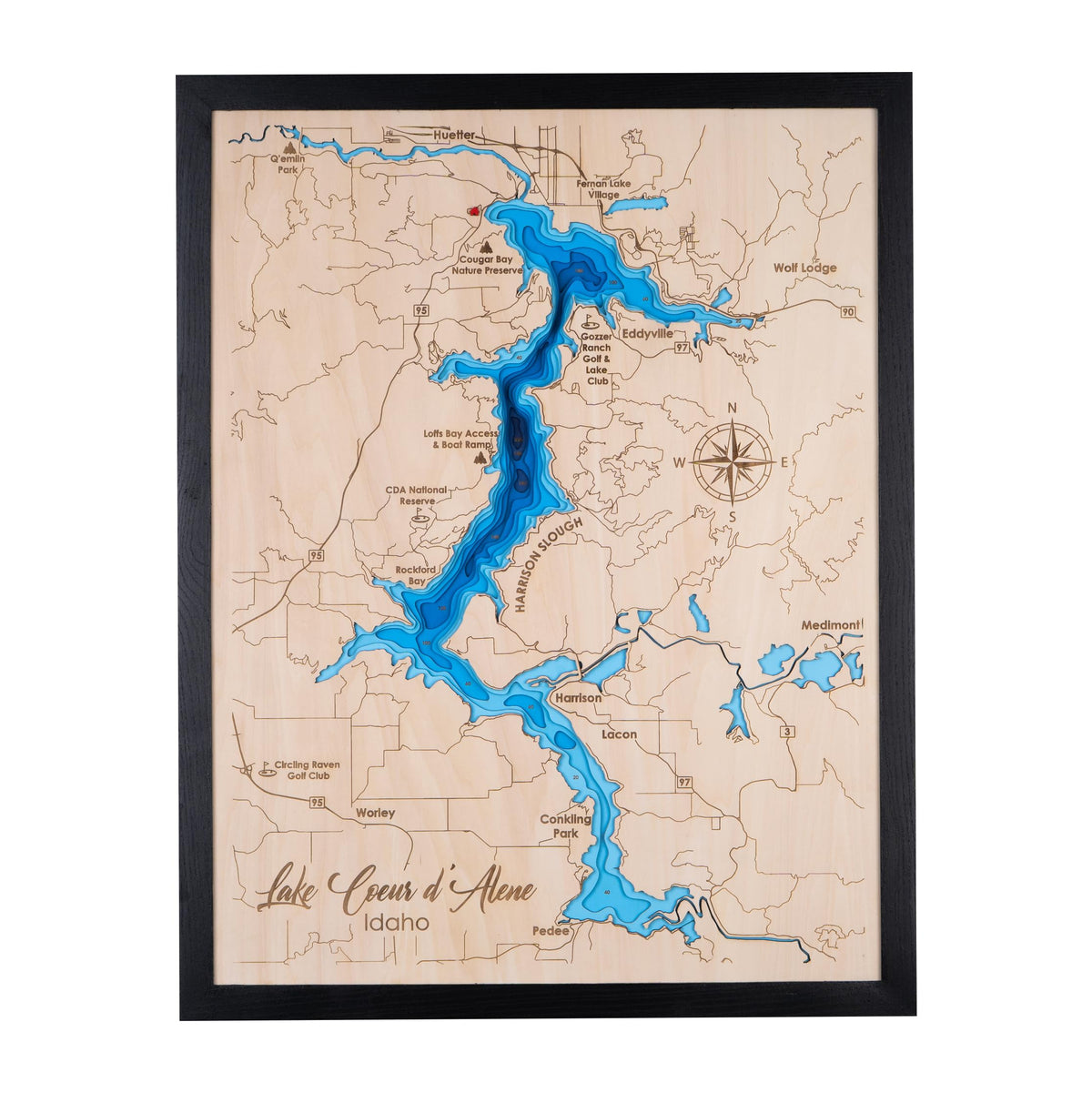 Personalized 3D Coeur D Alene Wood Map front view