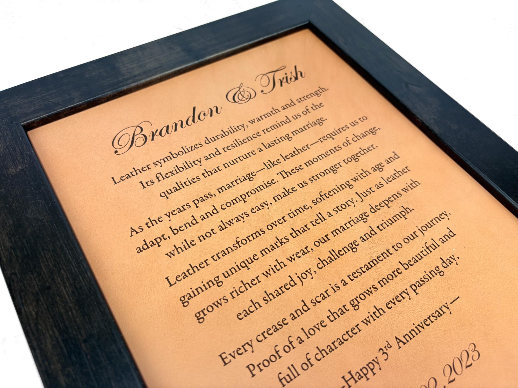 Personalization for names initials and wedding date on leather art 8x10