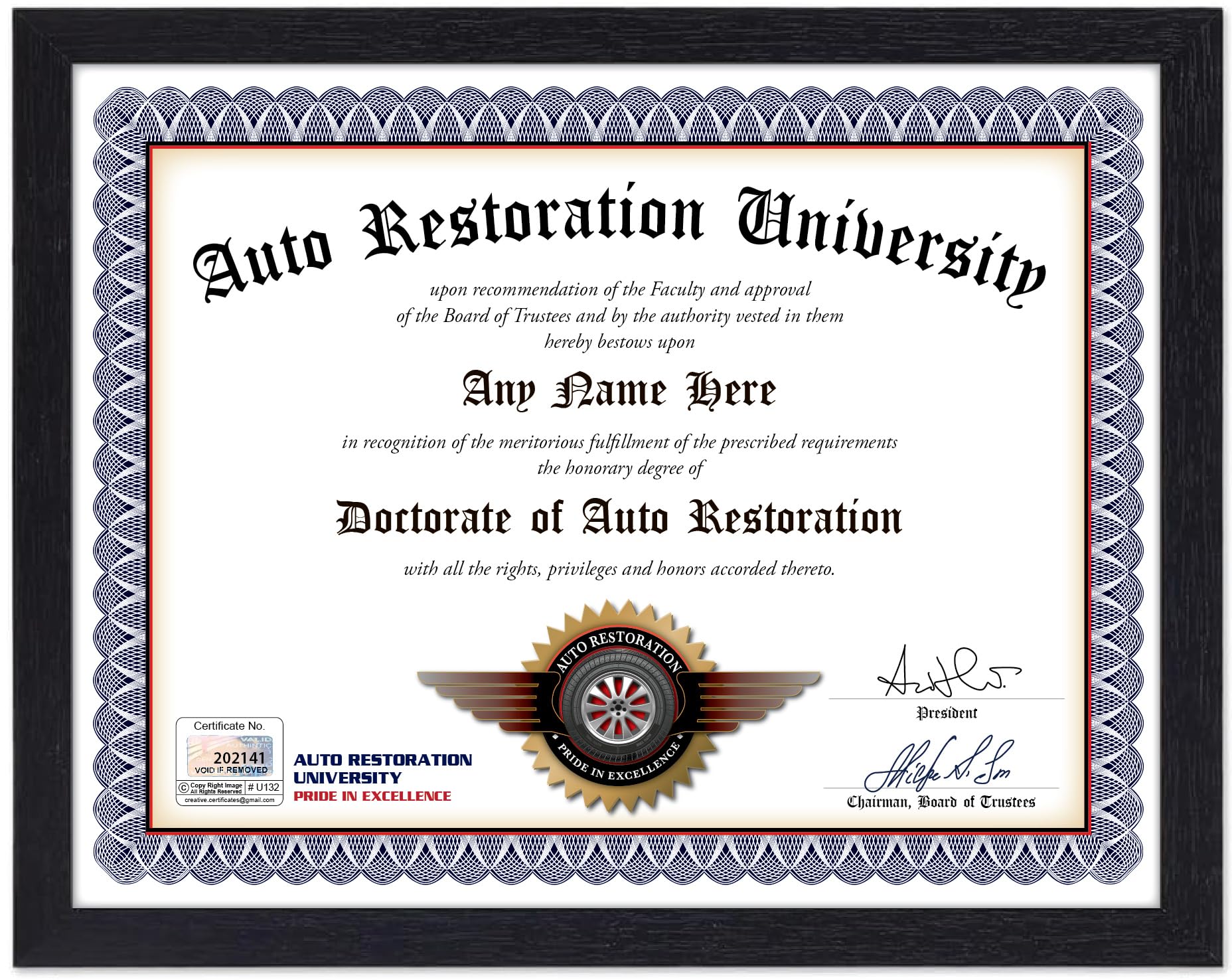 Personalized Auto Restoration University Diploma novelty certificate with name customization