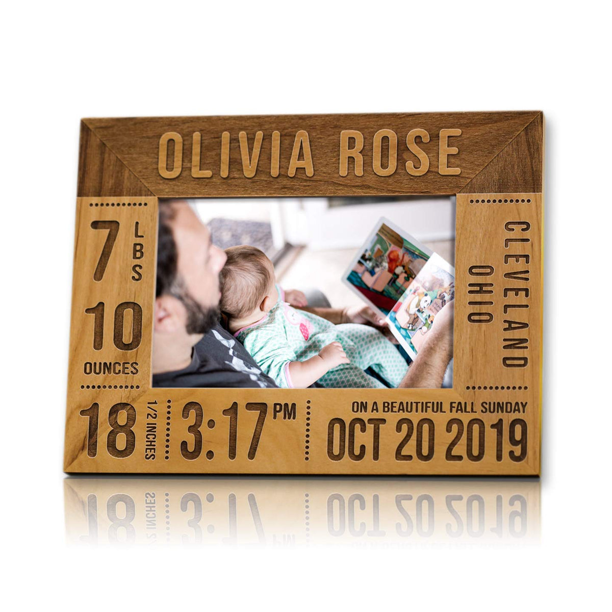 Personalized baby announcement picture frame natural wood finish