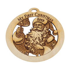 Personalized Baby's First Christmas Ornament natural wood 3.75 inch diameter