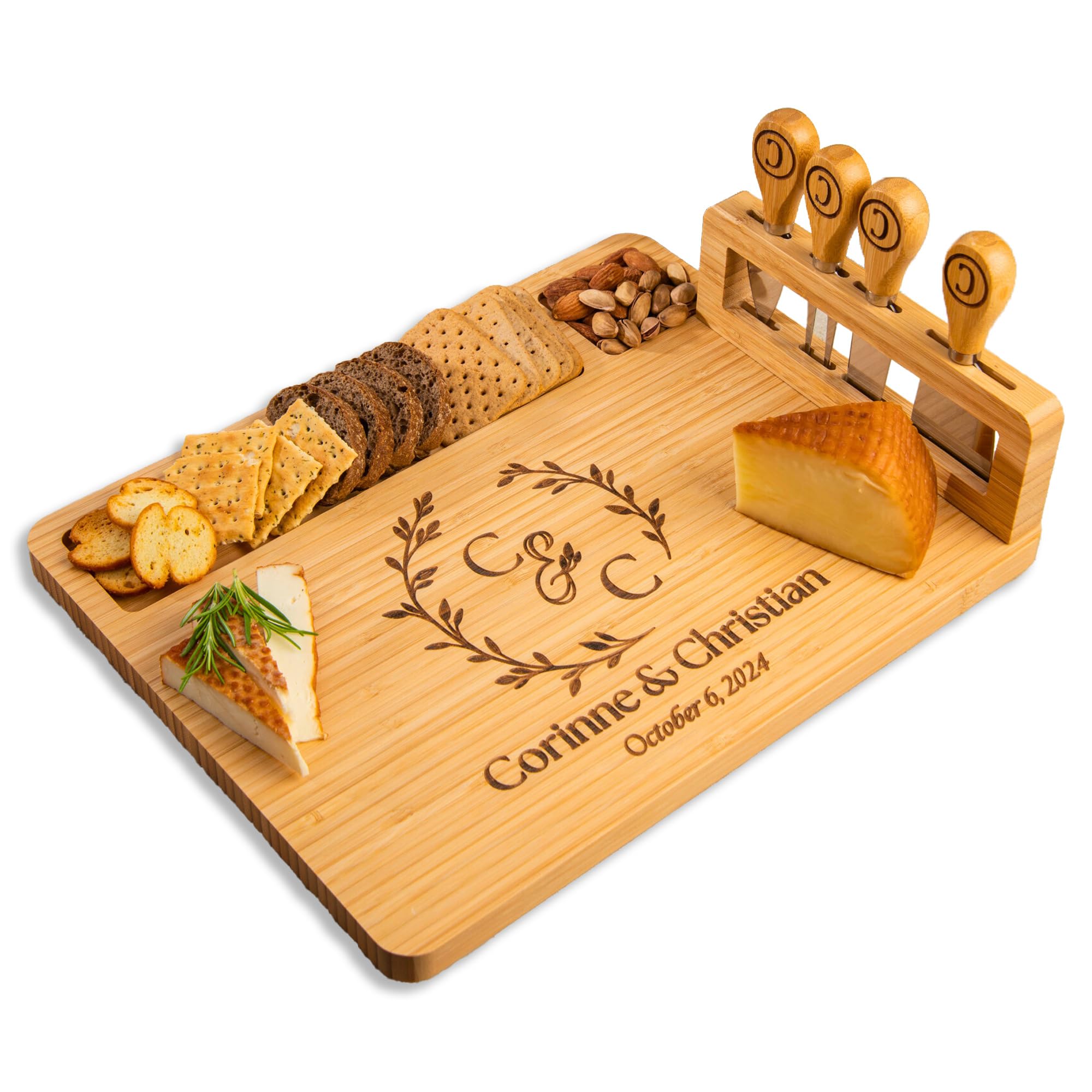 Personalized bamboo charcuterie board engraving close up