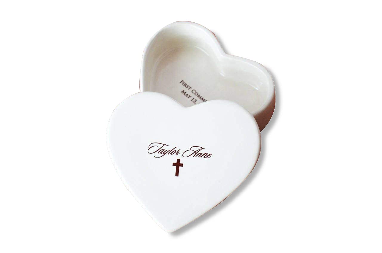 Personalized baptism gift heart keepsake box with script font