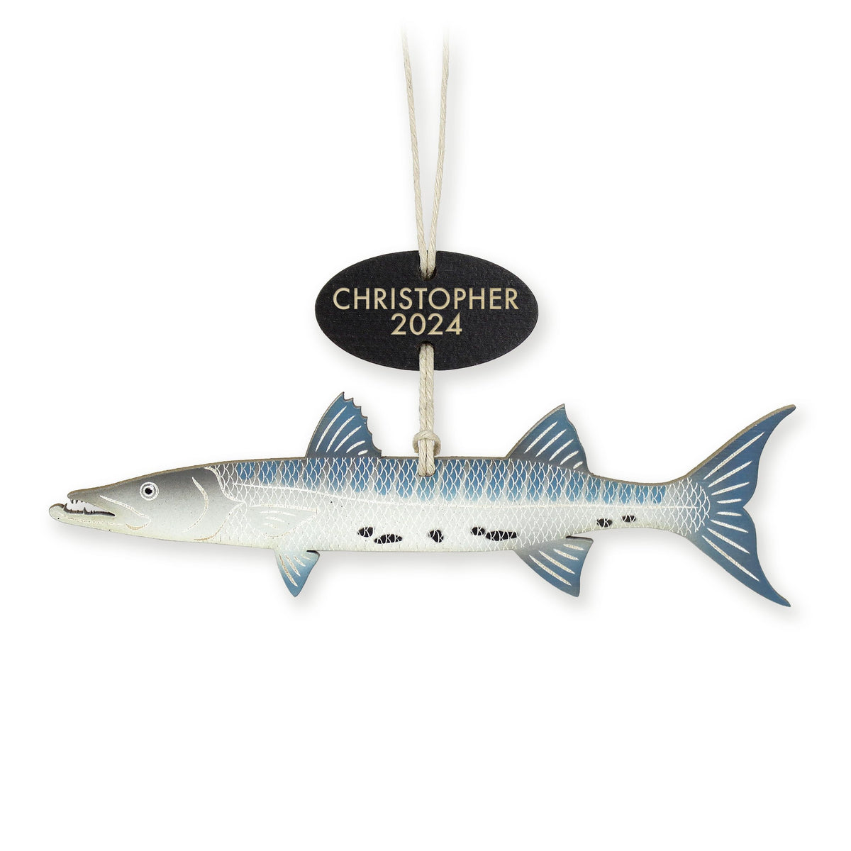 Personalized Barracuda Fish Christmas Ornament on 1/8 inch birch wood