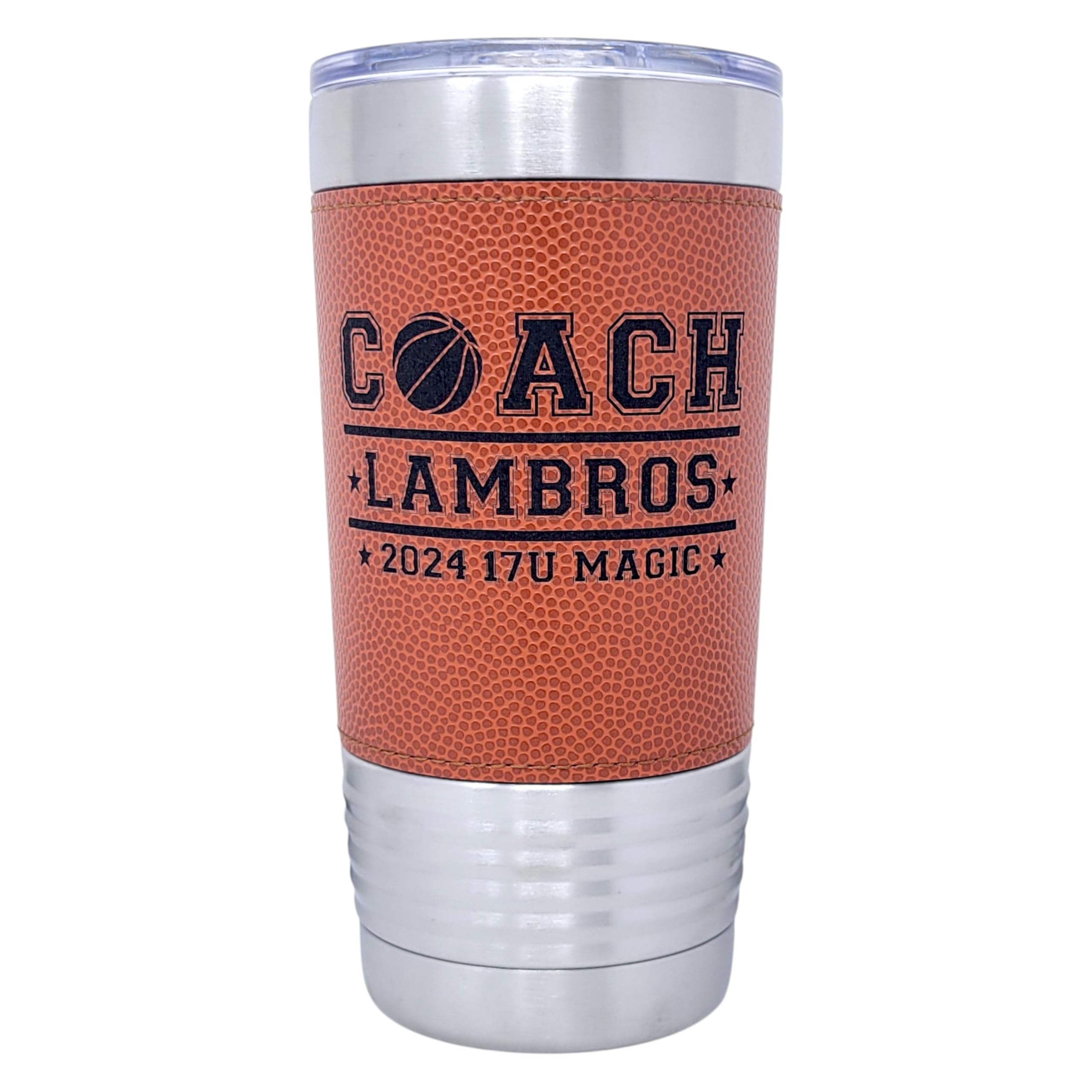 Personalized basketball drink tumbler with leatherette sleeve