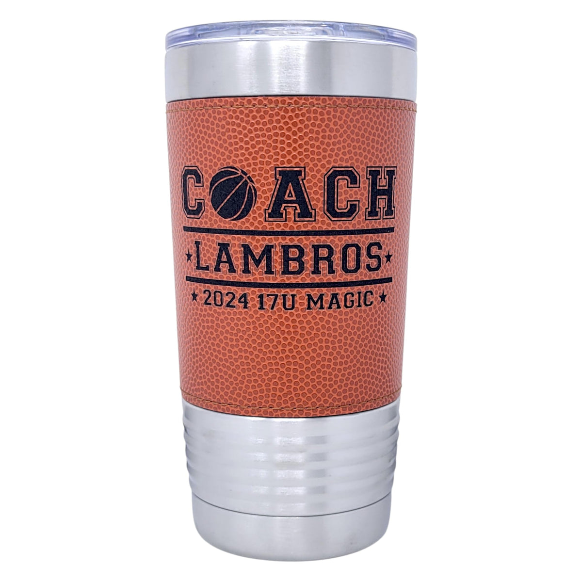 Personalized basketball drink tumbler with leatherette sleeve