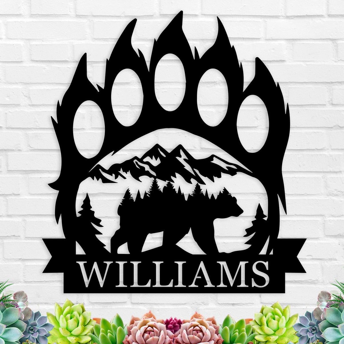 Personalized Bear Paw Metal Wall Decor with family name customization for indoor spaces