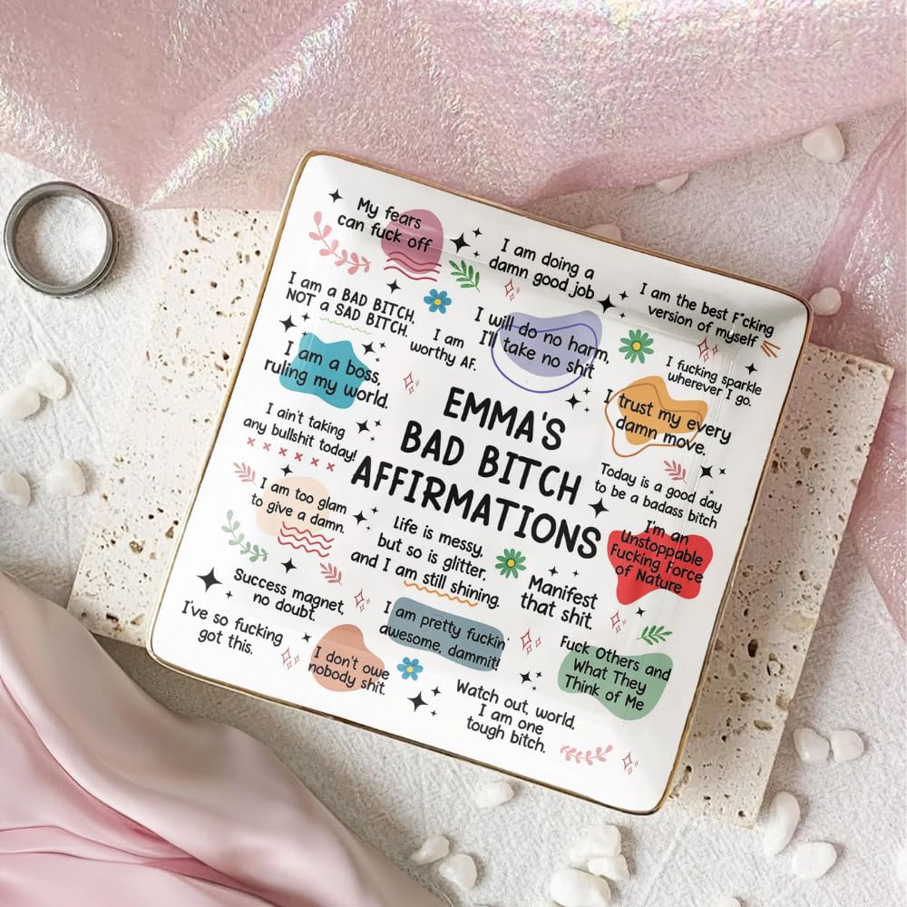 Ceramic jewelry dish for women with bold affirmation phrase
