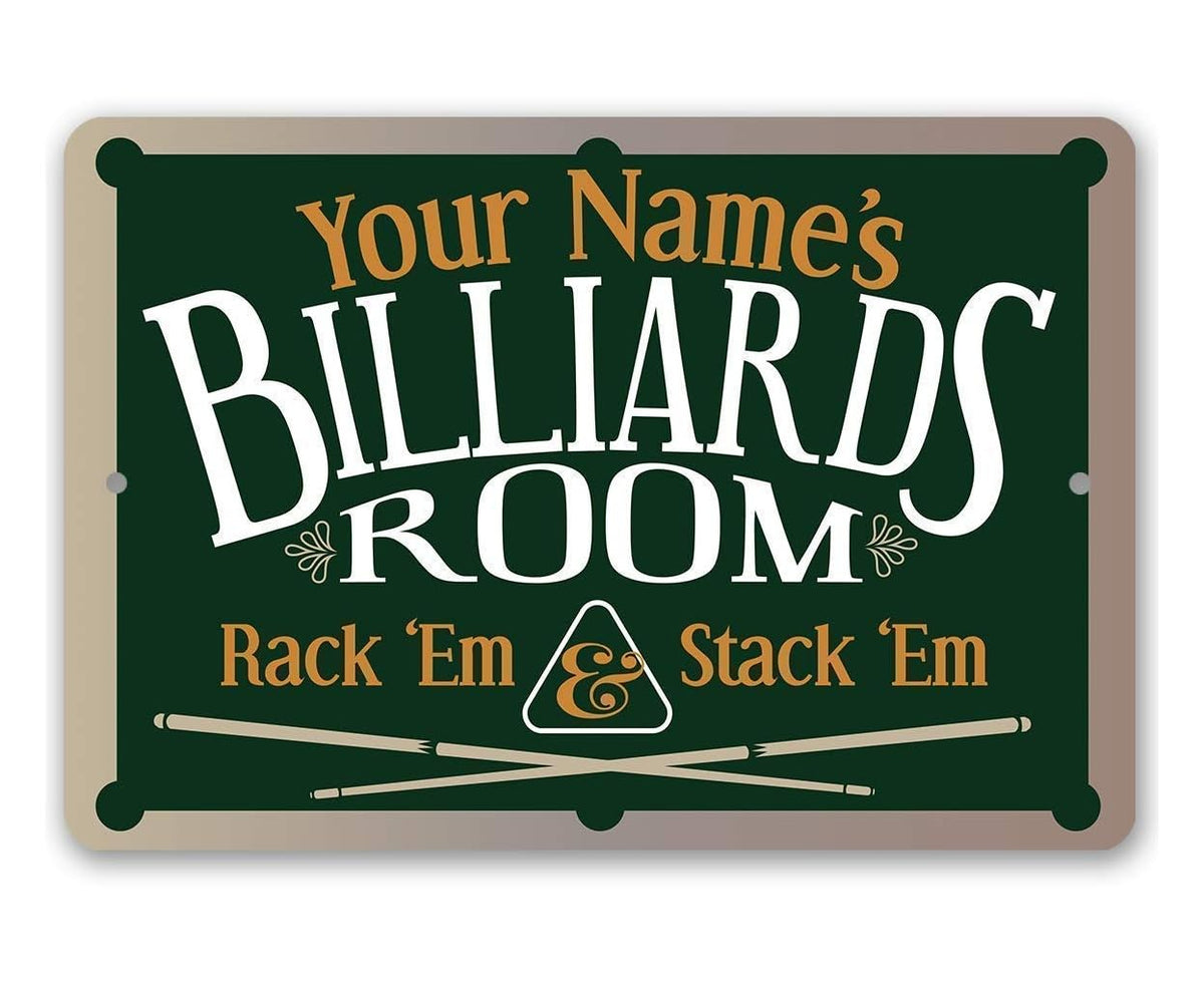 Personalized billiards room sign with custom name in metal