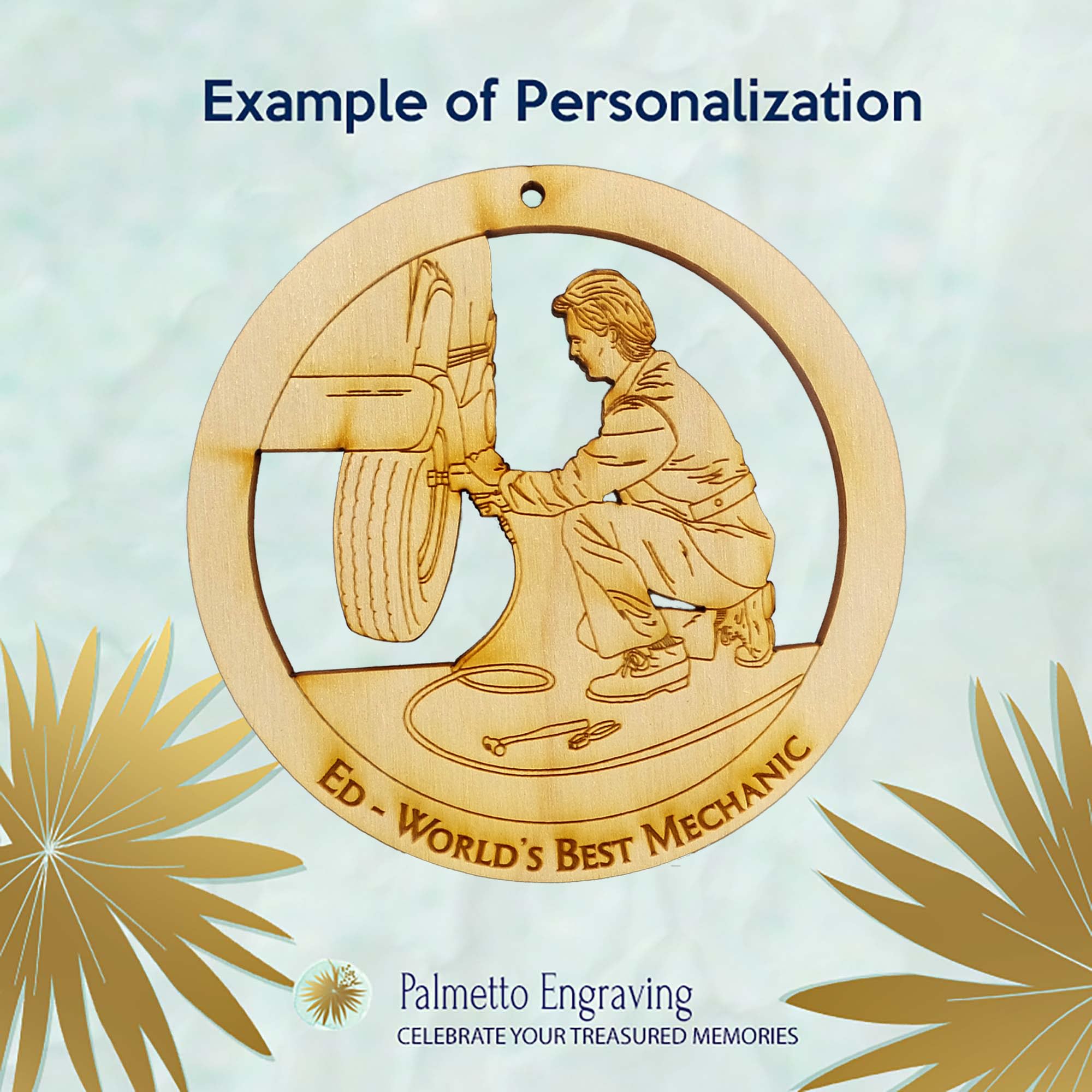 Engraved ornament with name or year for mechanic gifts