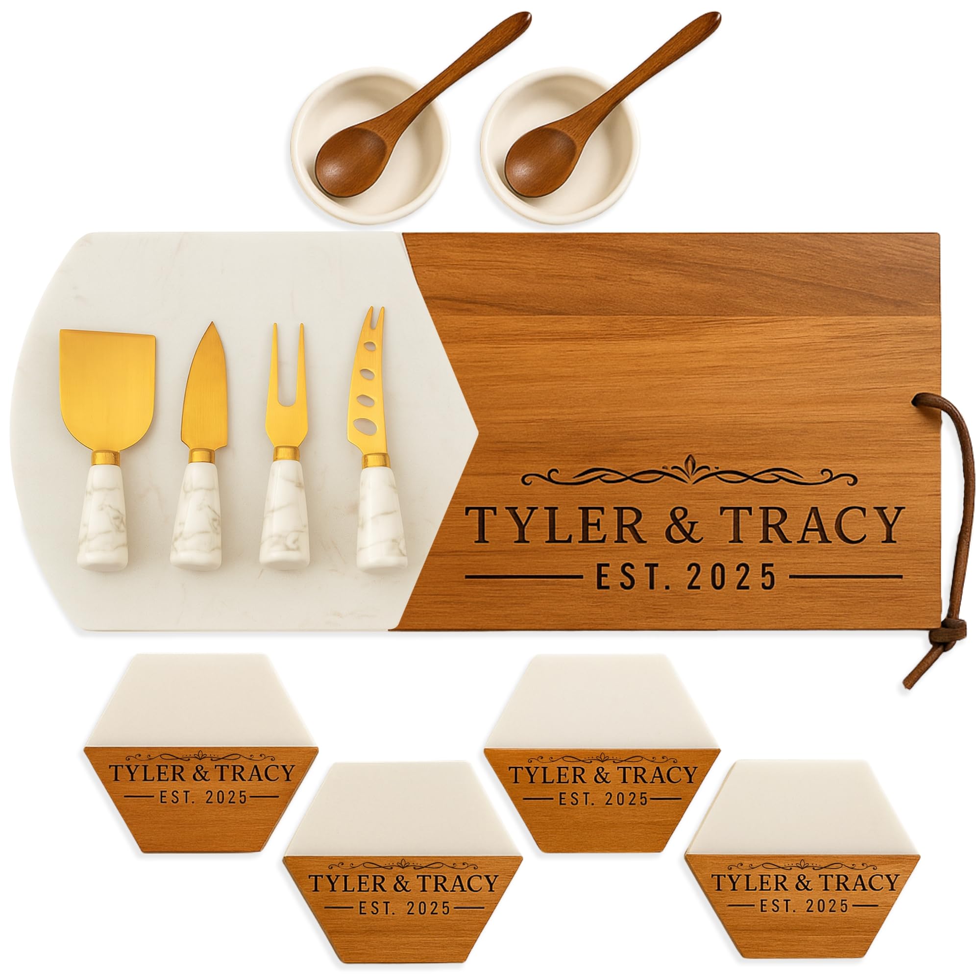 personalized charcuterie board with acacia and marble surface