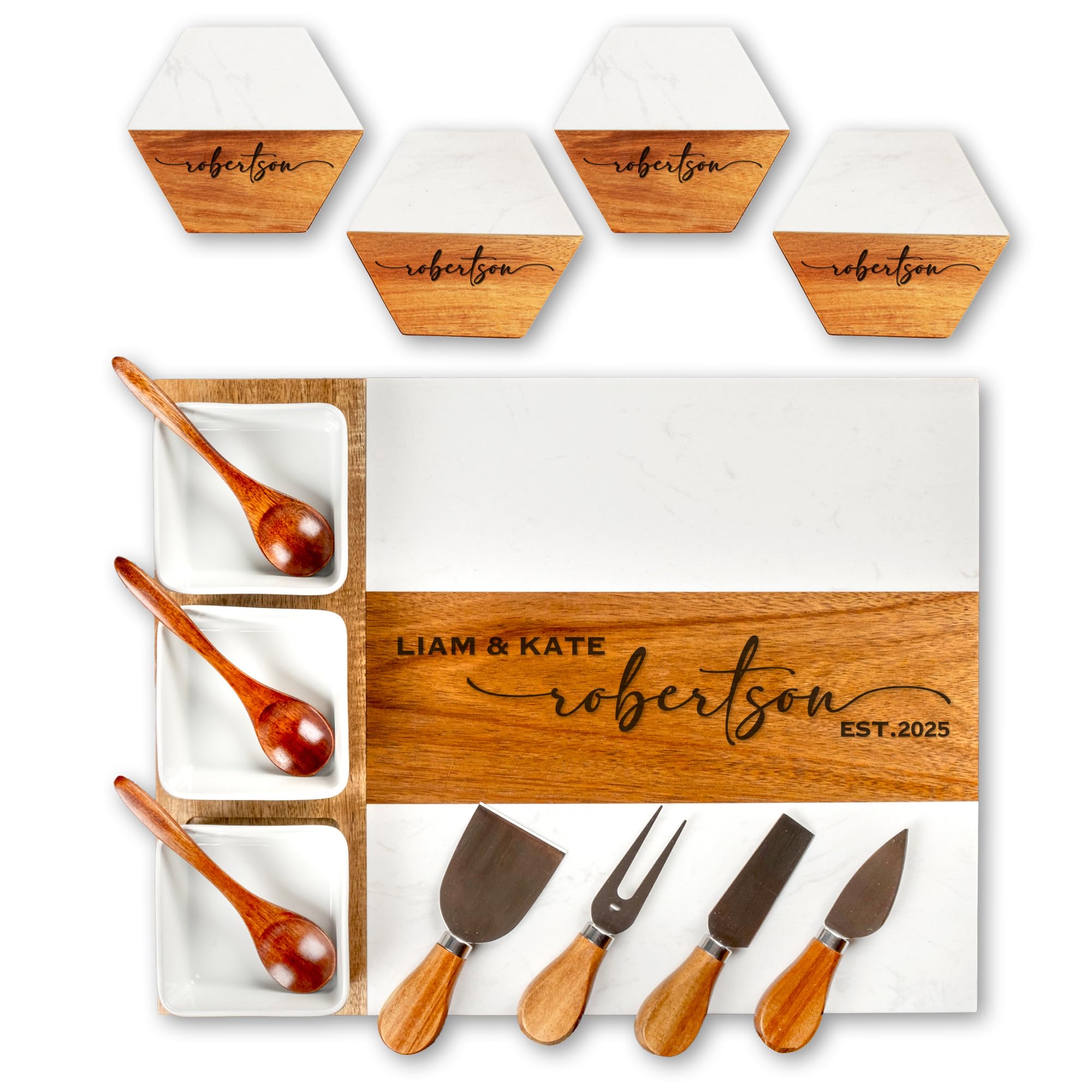 Personalized Charcuterie Board with custom engraving on wood and marble