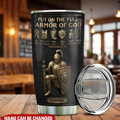 3D knight armor design on leather-textured stainless tumbler for believers