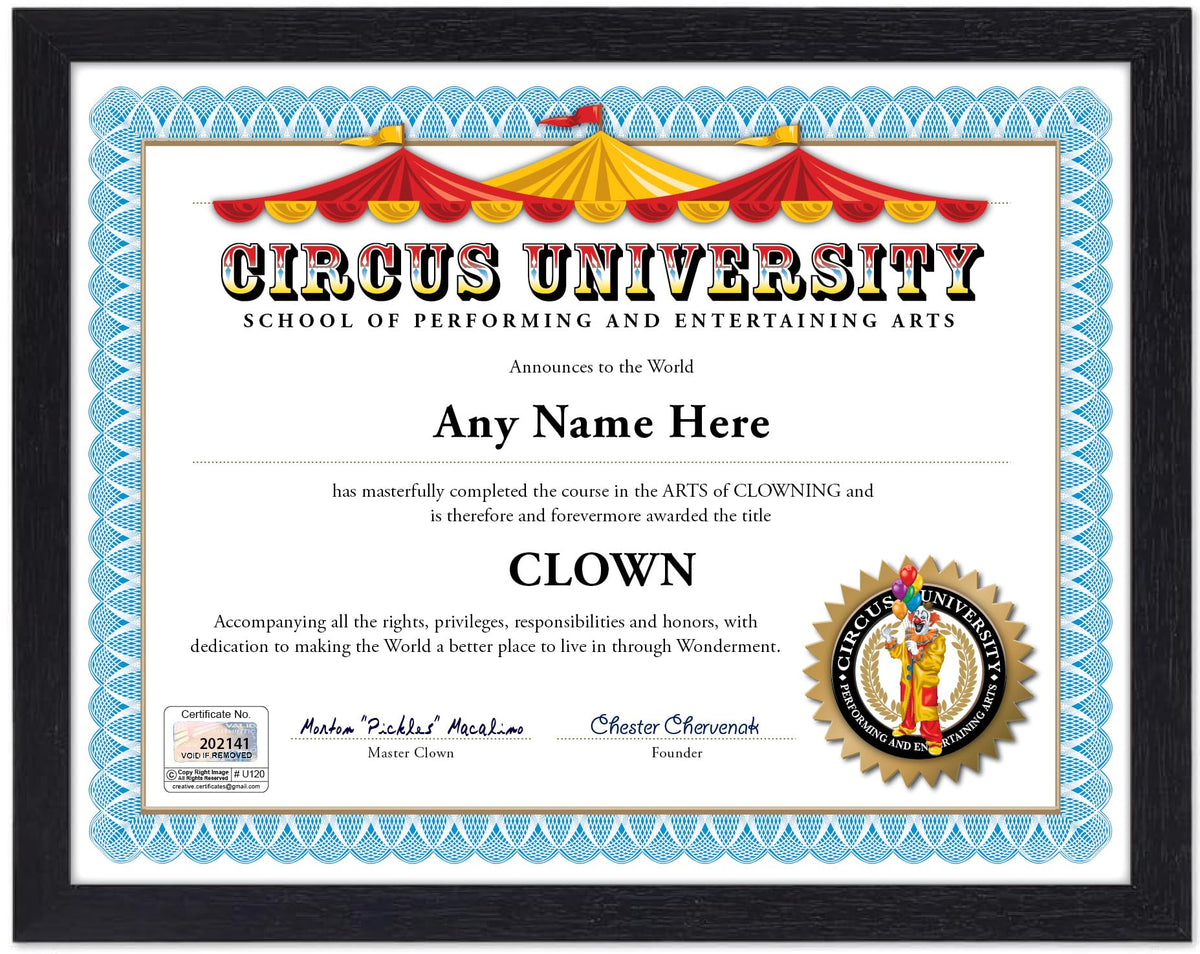 Personalized clown circus certificate front view with name customization