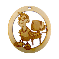 Personalized computer tech ornament engraving on natural wood