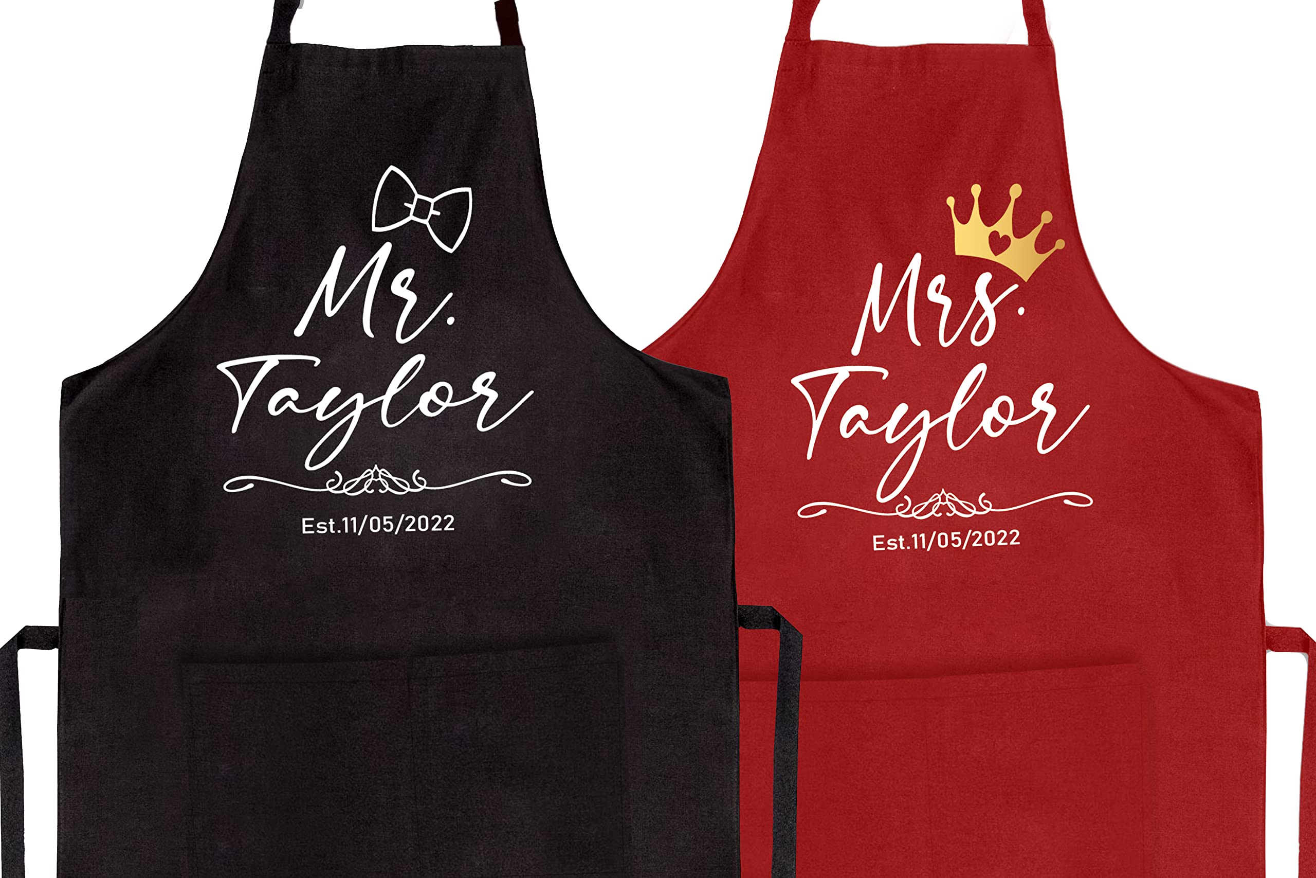 Two personalized aprons for him and her with matching design