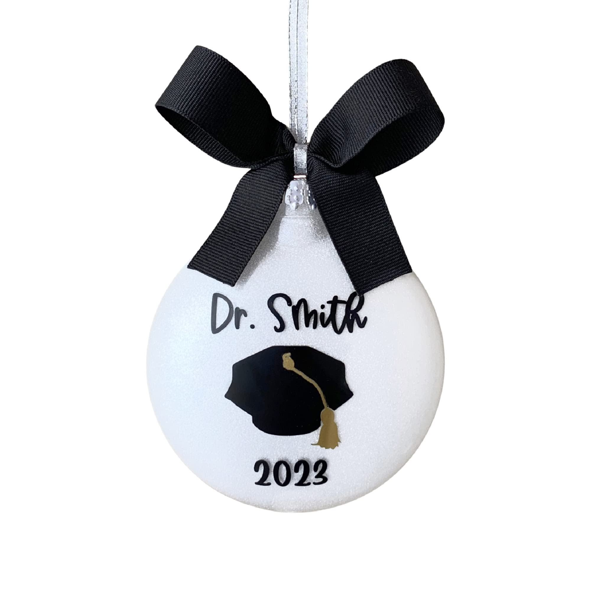 Personalized Doctorate Ornament eight-sided tam on glitter background with bow
