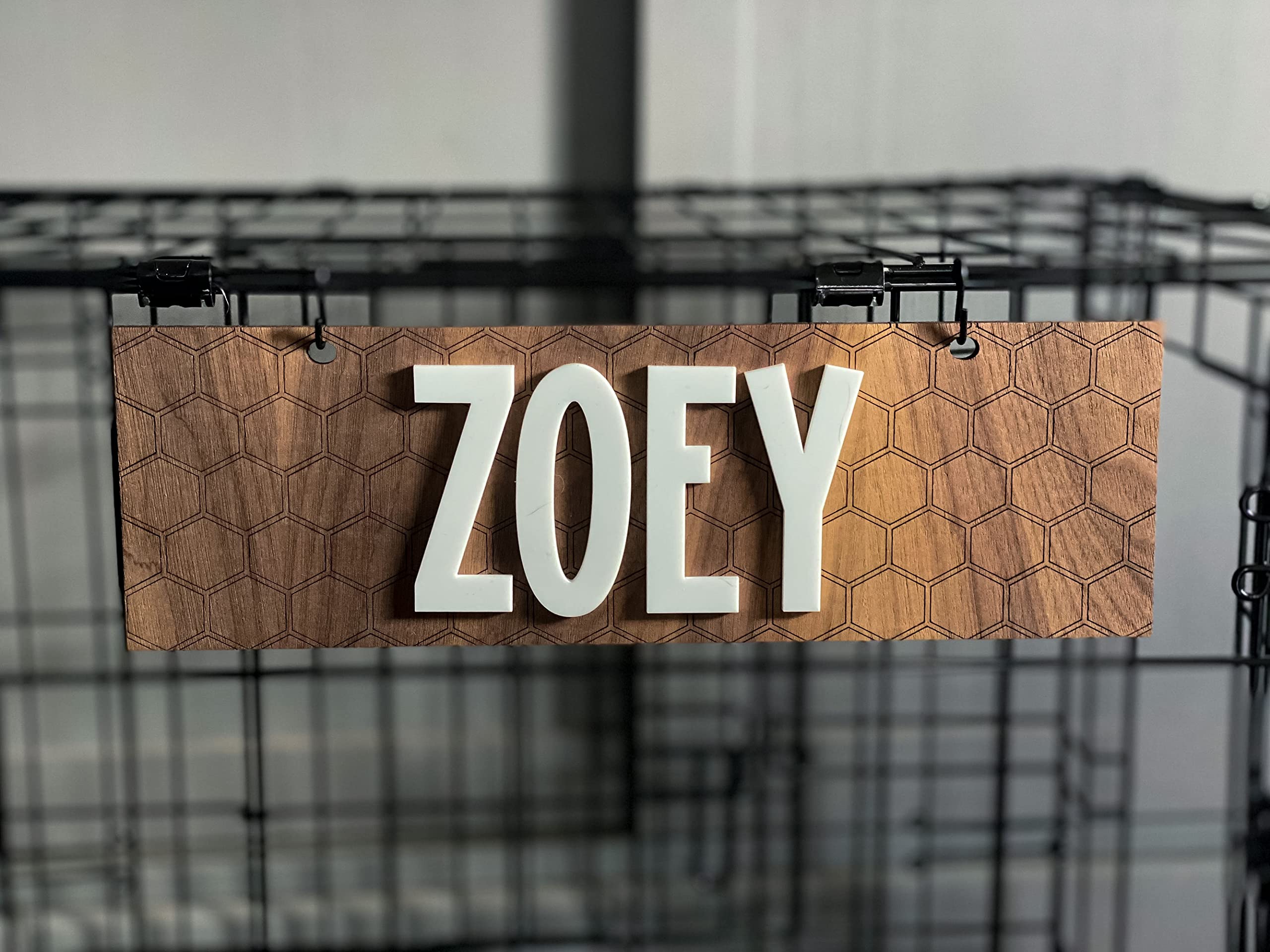 Laser cut kennel name plate mounted on walnut plywood