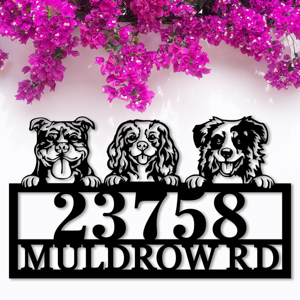 Personalized Dogs Meta Sign with house number for outdoor display