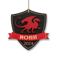 Personalized dragon shield ornament made from birch wood