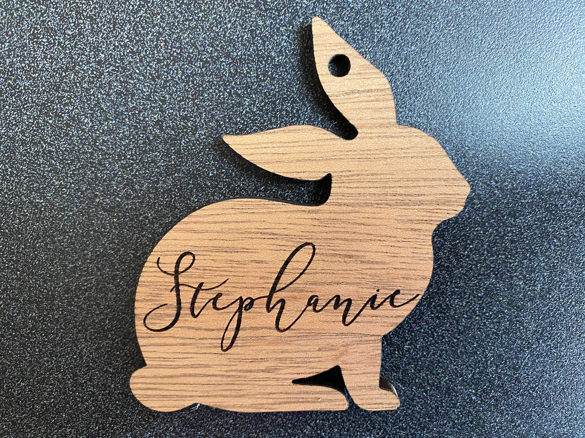 Personalized Easter Bunny Basket Tag laser cut on 1/8 inch plywood with twine