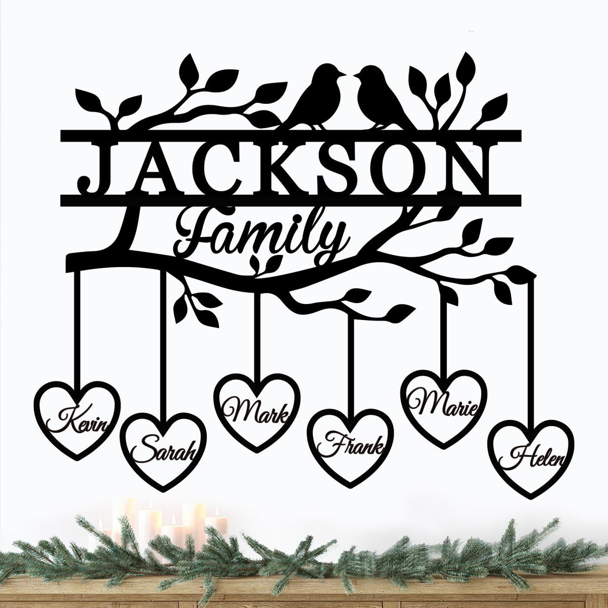 Personalized family tree sign with heart name accents on 14-gauge steel