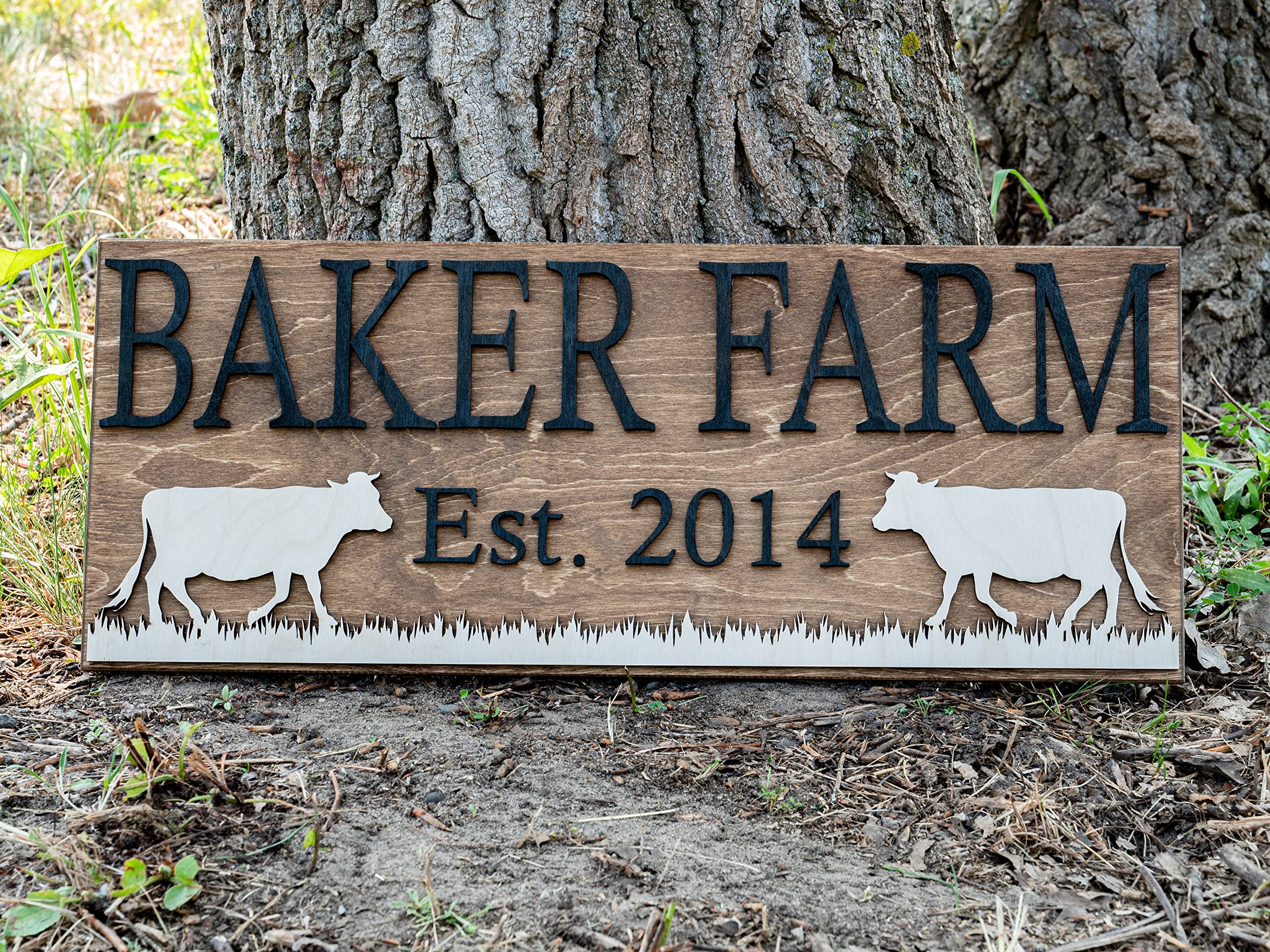 Personalized Farm Sign 11.25 x 28 inches brown Baltic birch wood sign with lettering
