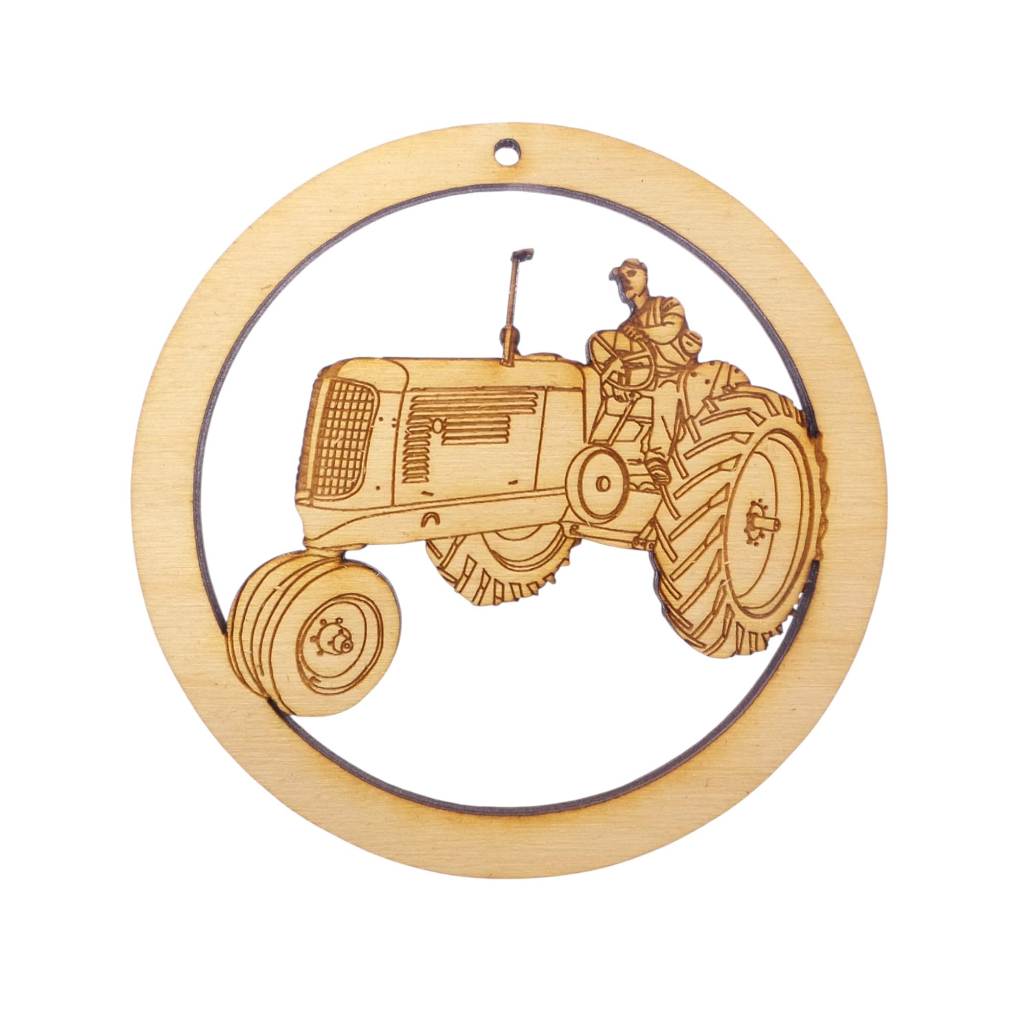 Personalized farmer ornament with tractor design on natural wood