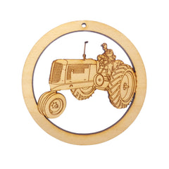 Personalized farmer ornament with tractor design on natural wood