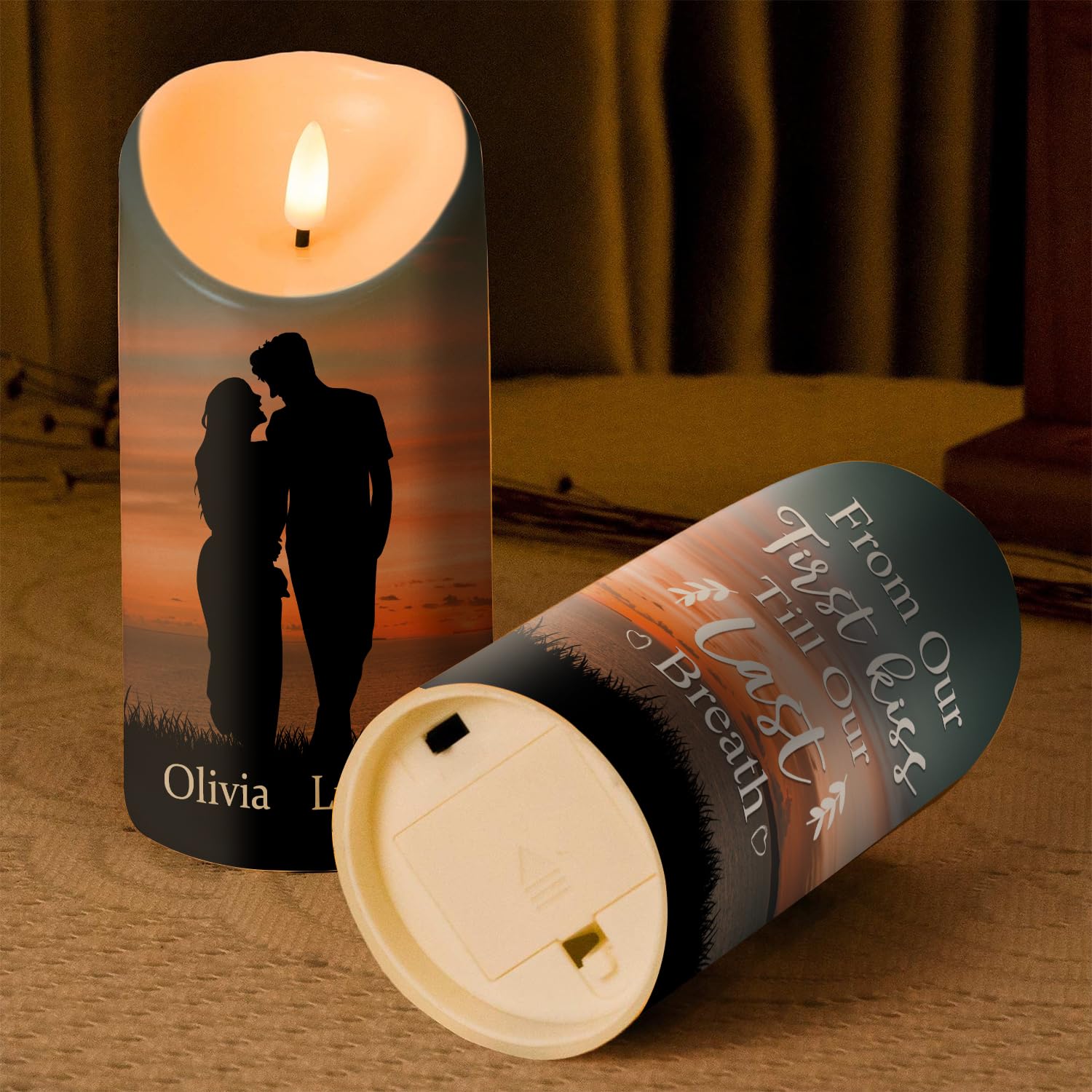 Personalized First Kiss Till Last Breath Candle for Couples 3x7-8 inch LED candle