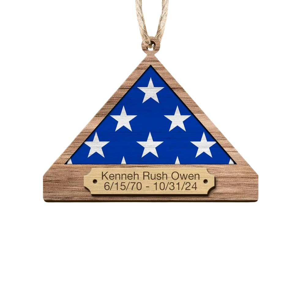 Personalized folded flag veteran memorial ornament on Christmas tree