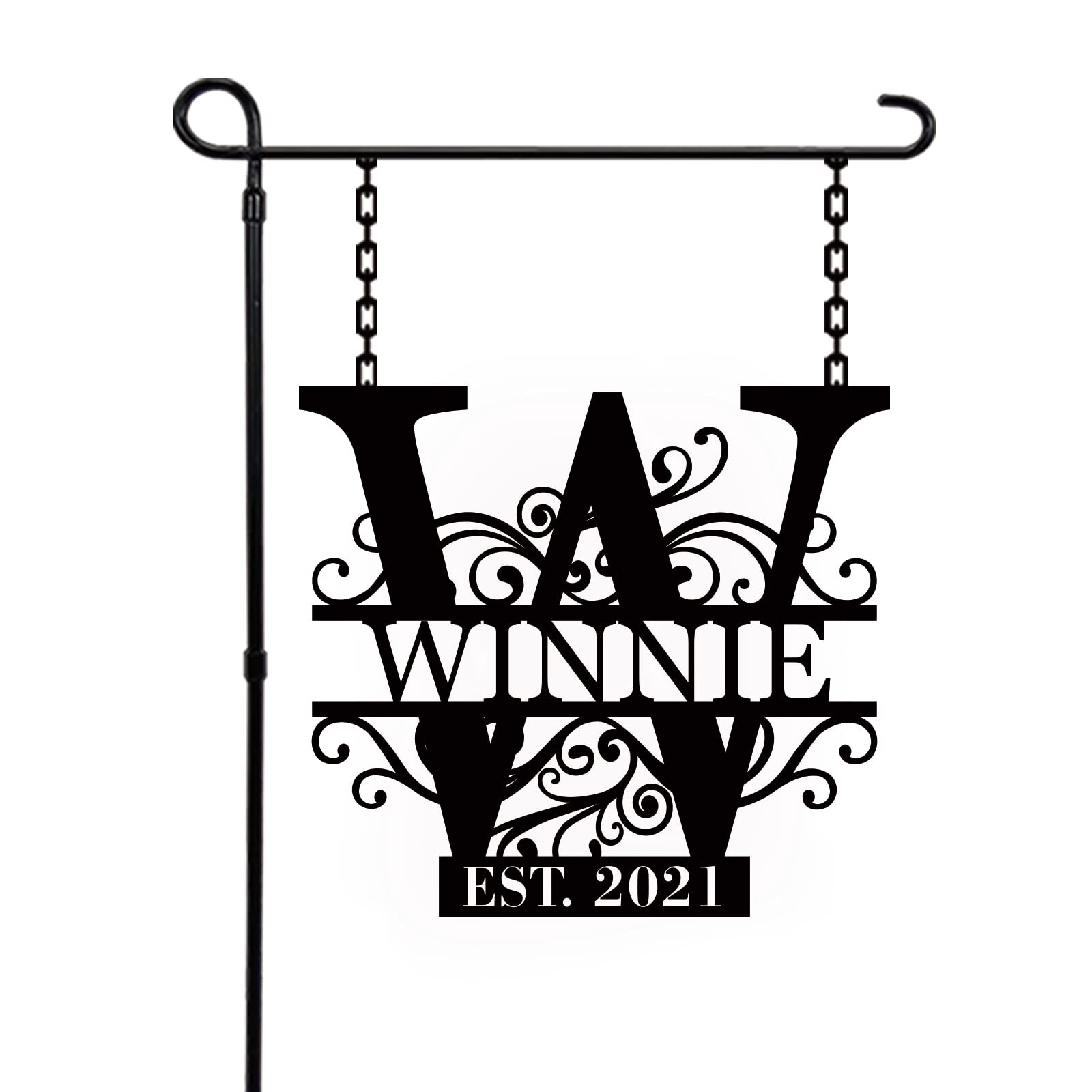 Personalized garden flag outside with last name sign
