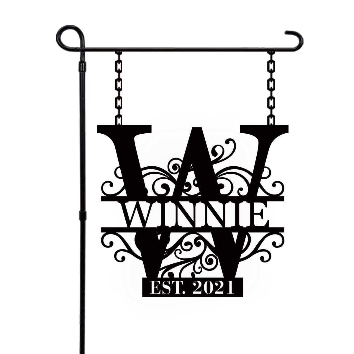 Personalized garden flag outside with last name sign